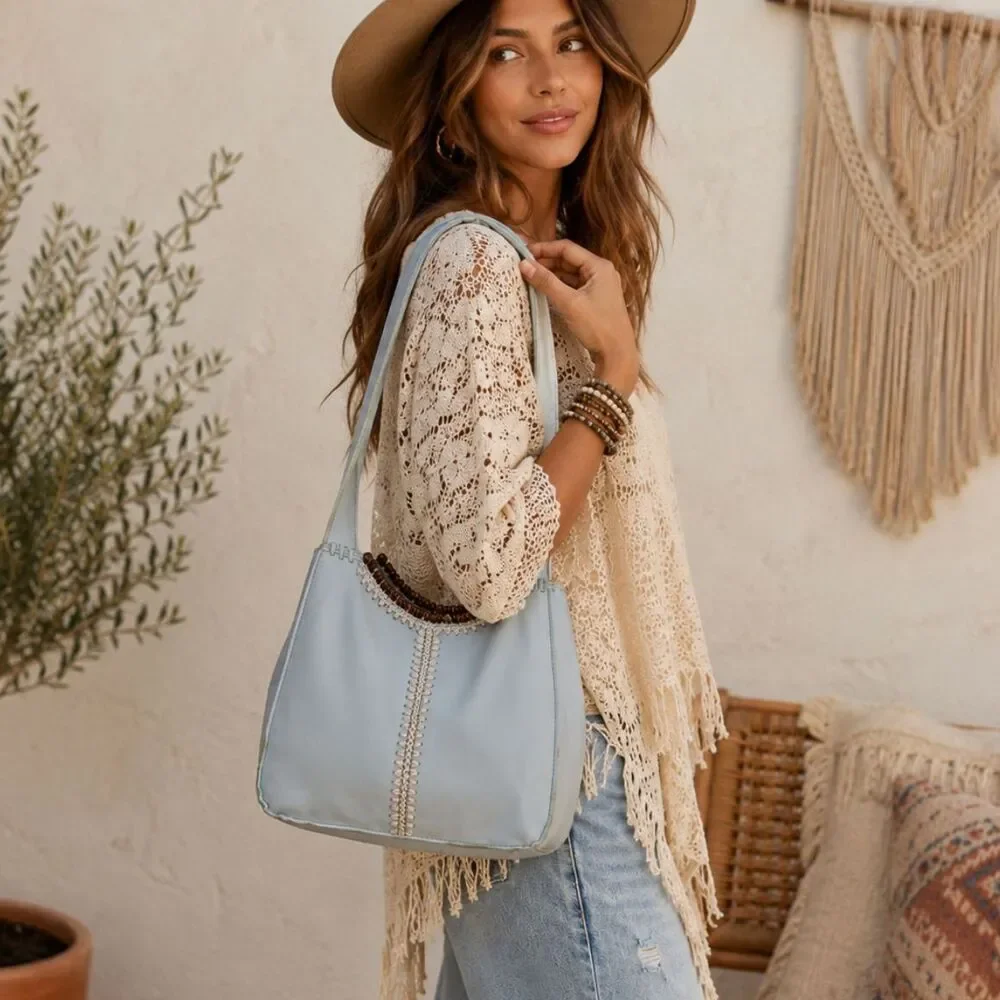 The Sak Pale Blue Leather Hobo Bag Crochet Beaded Boho Y2K Shoulder Tote - READ
